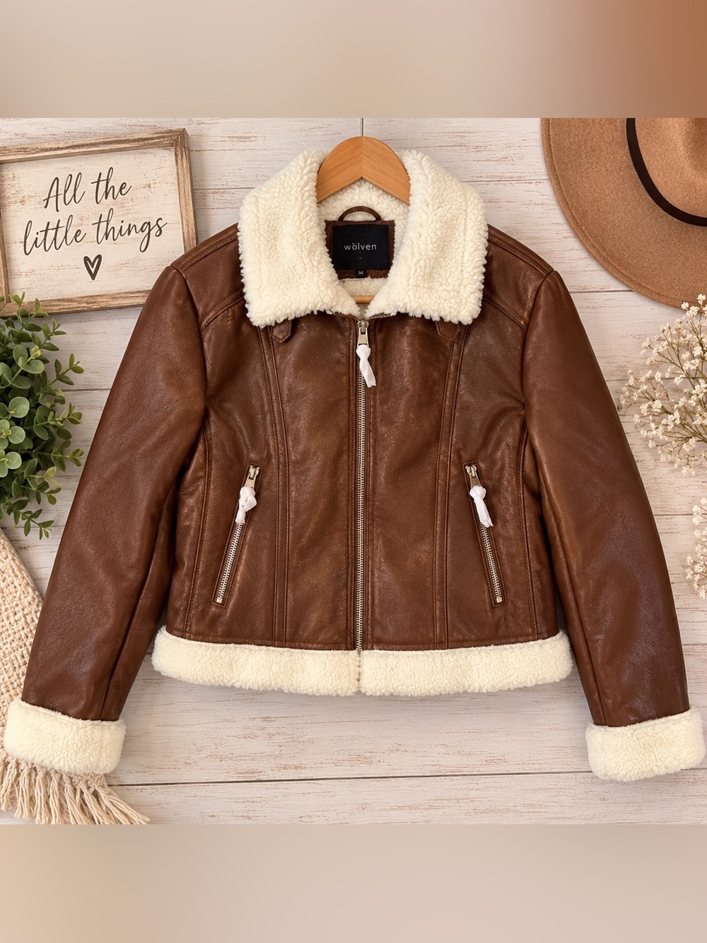 Wolven Brown Faux Leather Shearling-Trim Jacket